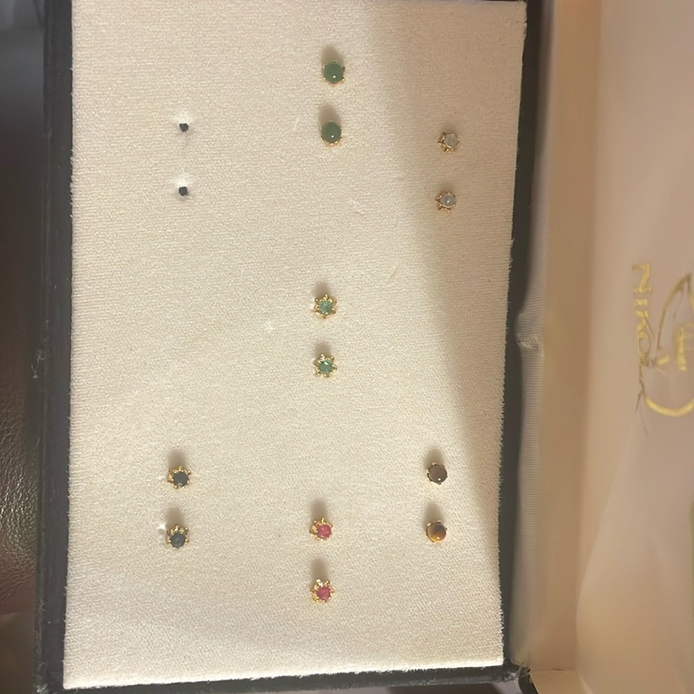 Nikolas earrings 6 pair ruby, diamond, sapphire, emerald, tiger eye, jade.